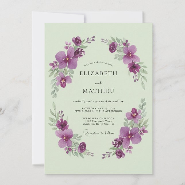 Invitation Vert sauge violet romantique mariage de printemps (Devant)
