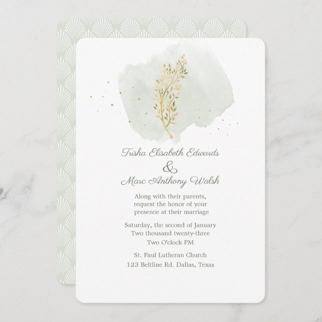 Invitation Vert simple avec Mariage Floral Or (Devant / Derrière)