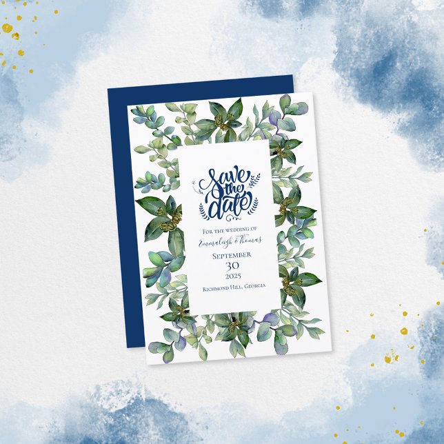 Invitation Vert simple bleu marine Sauvez la date (Créateur téléchargé)