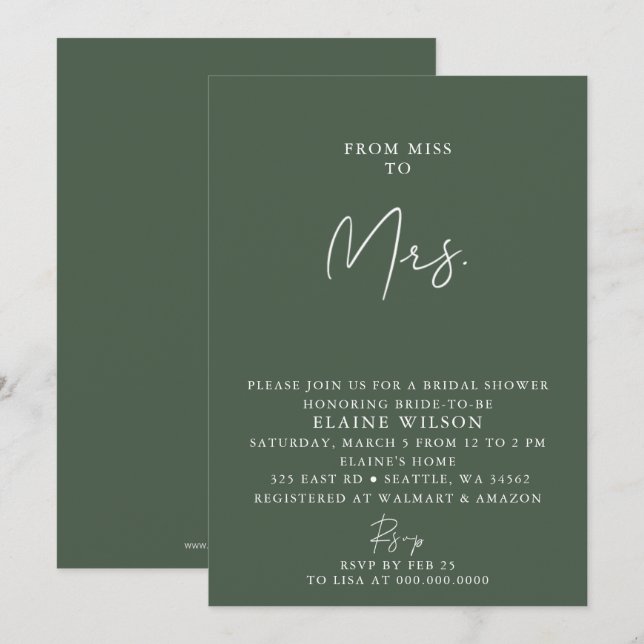 Invitation Vert Simple Élégant Fête des mariées moderne (Devant / Derrière)