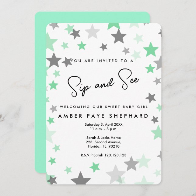 invitation vert Sip and See, nouveau bébé, bienven (Devant / Derrière)