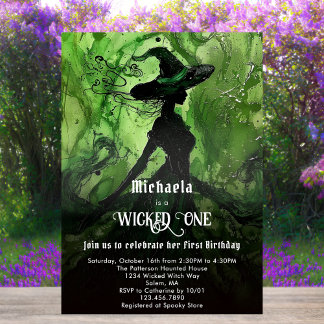Invitation Vert Sorcière Noire Méchante Fille Premier Anniver