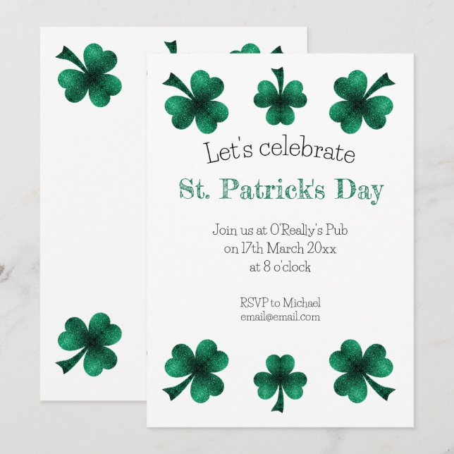 Invitation Vert Sparkle Shamrock St. Patrick's Day Blanc (Devant / Derrière)