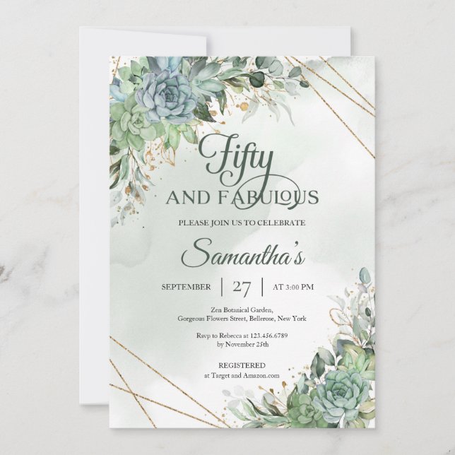 Invitation Vert succulents eucalyptus faux or 50ème invitat (Devant)