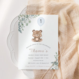 Invitation Vert Teddy Bear Premier Anniversaire Neutre