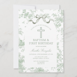 Invitation Vert Toile de Jouy Baptême & Arc pour Premier Anni