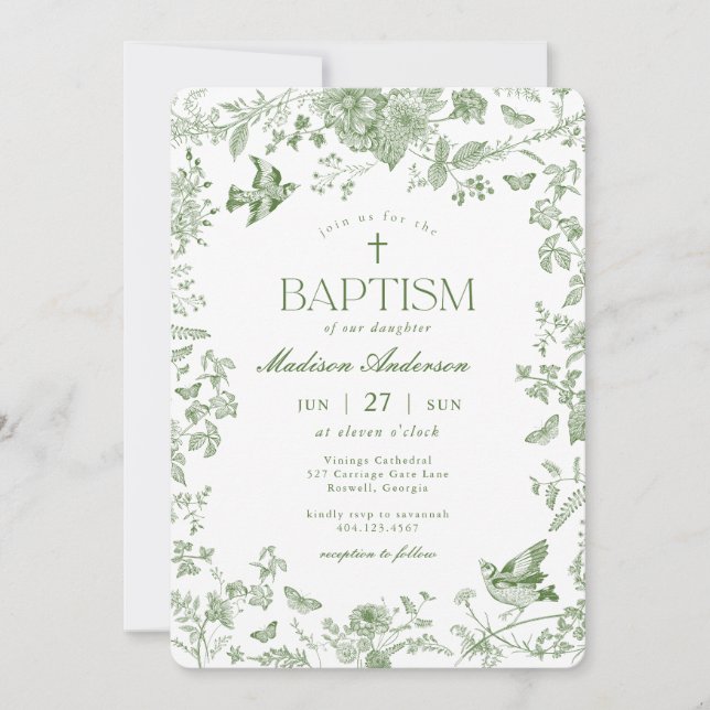 Invitation Vert Toile De Jouy Vintage Floral Baptême (Devant)