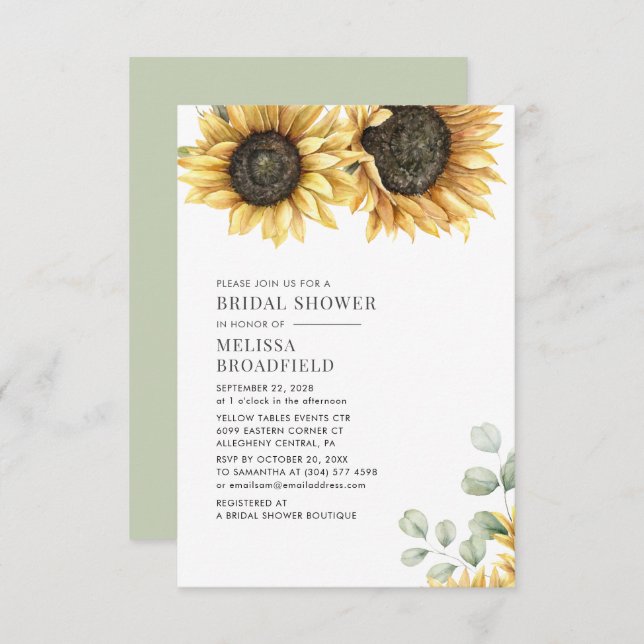 Invitation Vert tournesol Aquarelle Fête des mariées florale (Devant / Derrière)