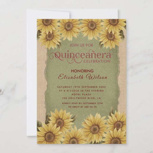 Invitation Vert tournesol vintage lin Quinceañera (Devant)