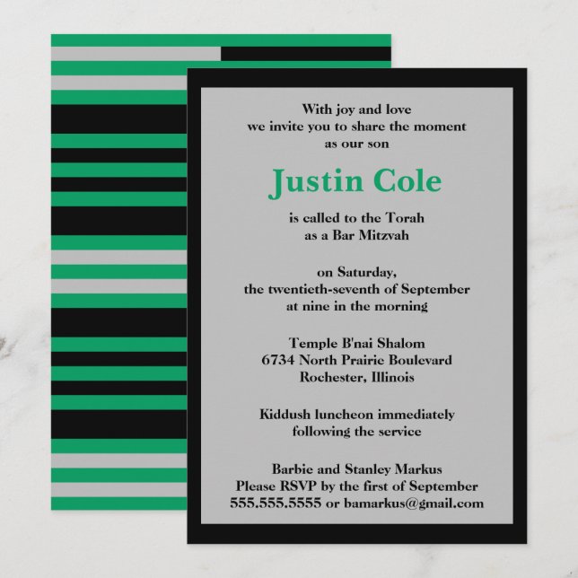 Invitation Vert trèfle argenté sur Bar Mitzvah noir (Devant / Derrière)
