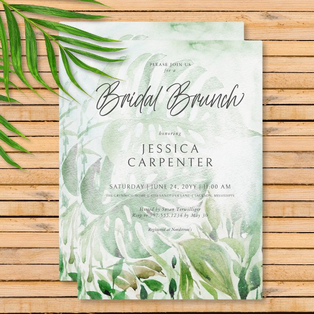 Invitation Vert tropical moderne Aquarelle Brunch nuptial (Modern Tropical Greenery Watercolor Bridal Brunch Invitation)