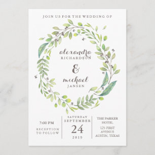 Invitation Vert verdoyant Mariage Wreath Watercolor branché