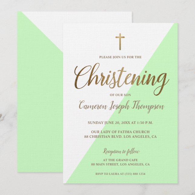 Invitation Vert Vert Vert Or Christening bébé Garçon (Devant / Derrière)