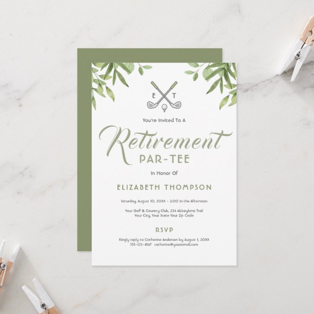 Invitation verte à thème de golf pour la fête de r (Devant/Arrière en situation)