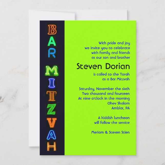 Invitation VERTE AU NÉON de bat mitzvah de barre (Devant)