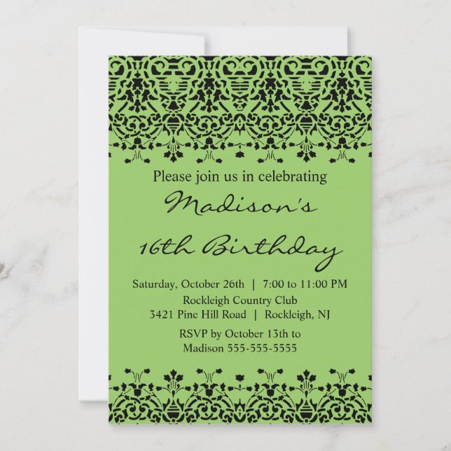 Invitation verte d'anniversaire de sweet sixteen (Devant)