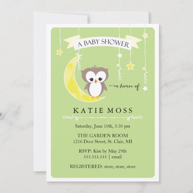 Invitation verte de baby shower du petit hibou | (Devant)