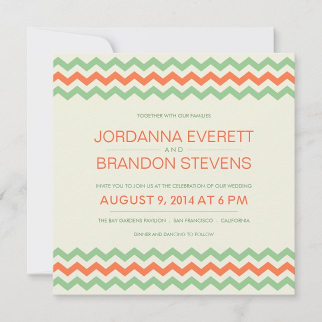 Invitation verte en bon état de zigzag de mariage (Devant)