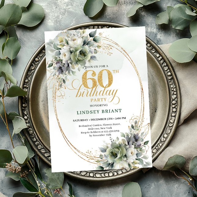 Invitation verte et dorée pour les 60 ans Botaniqu (Botanical 60th Birthday Green And Gold Invite

)