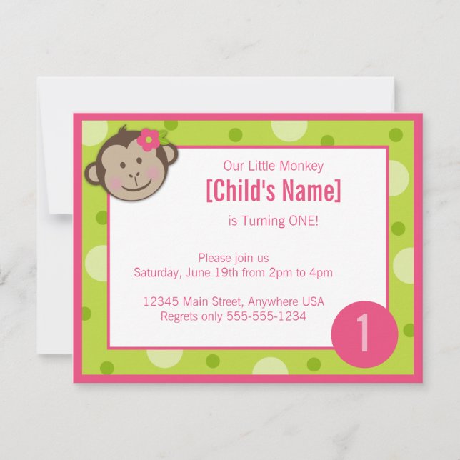 Invitation verte et rose 4,2 de fille de singe (Devant)