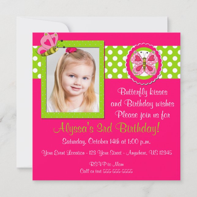 Invitation verte rose d'anniversaire de papillon (Devant)