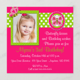 Invitation verte rose d'anniversaire de papillon