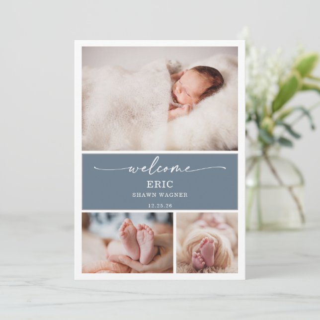 Invitation  Vertical Slate Blue Photo Baby Announcement Card (Debout devant)