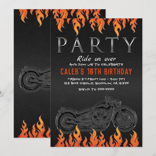 Invitation Veste en cuir noir aux flammes orange pour soirée  (Devant / Derrière)