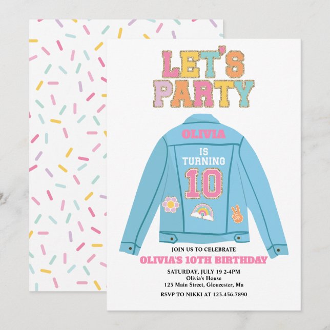 Invitation Veste en jean Preppy Patch 10E anniversaire (Devant / Derrière)