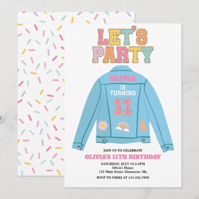 Invitation Veste en jean Preppy Patch 11E Anniversaire (Devant / Derrière)