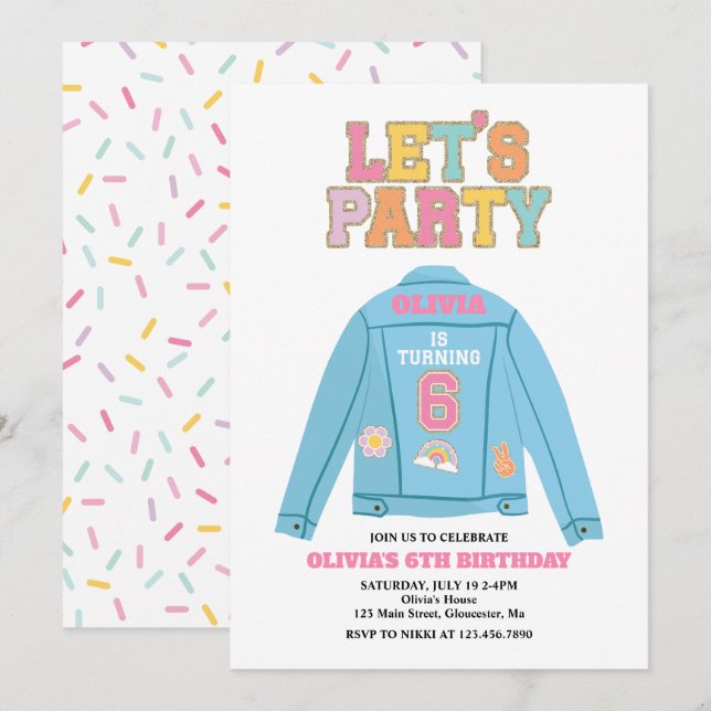 Invitation Veste en jean Preppy Patch 6E Anniversaire (Devant / Derrière)
