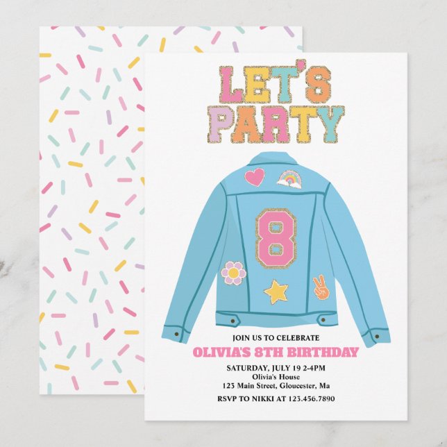 Invitation Veste en jean Preppy Patch pour 8ème anniversaire (Devant / Derrière)