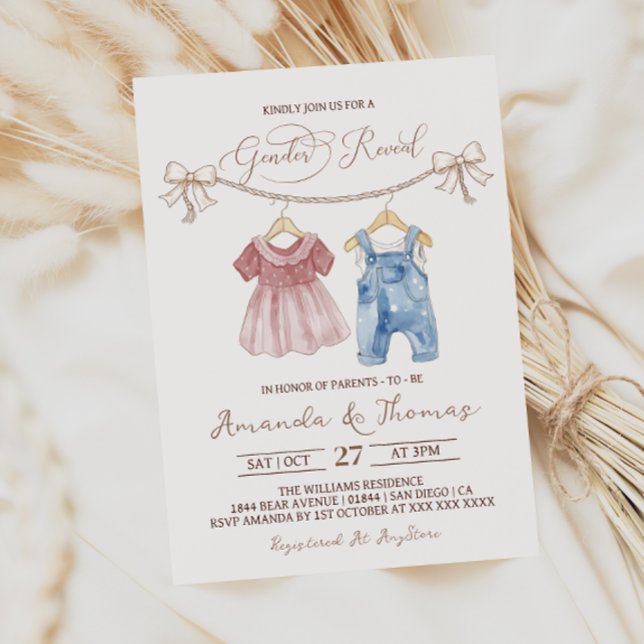 Invitation Vêtements bébé bohème rose bleu révélation du sexe (Créateur téléchargé)
