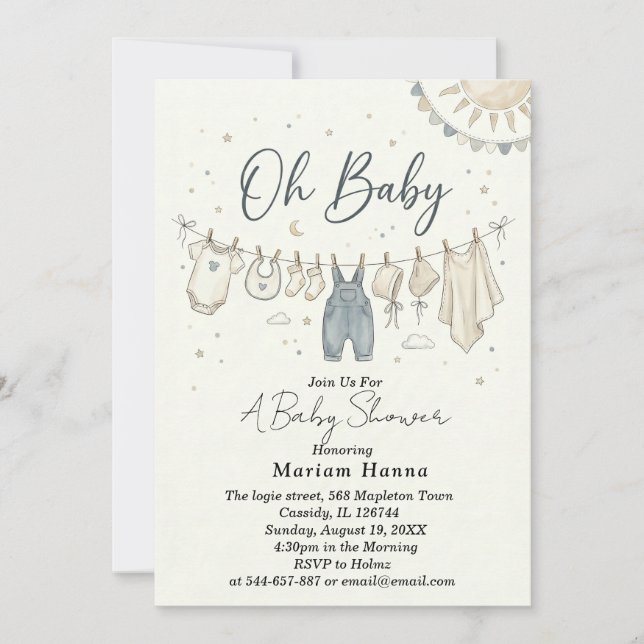 Invitation Vêtements bébé Oh Bébé sur un fil à linge pour bab (Devant)