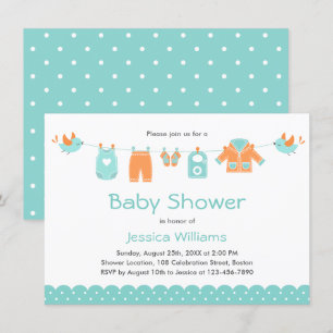Invitation Vêtements Bleus Orange   Baby shower garçon