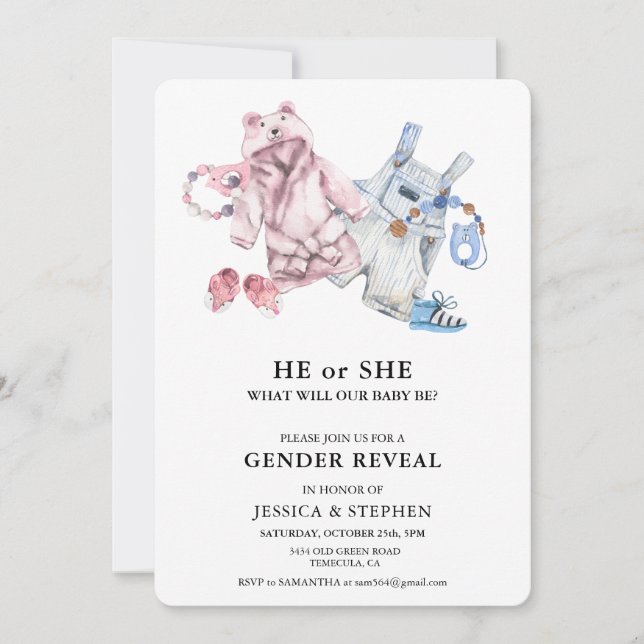 Invitation Vêtements de bébé à l'aquarelle pour révélation de (Devant)