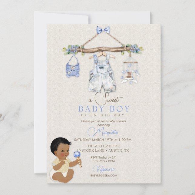 Invitation Vêtements de bébé Baby shower de garçon bleu ivoir (Devant)