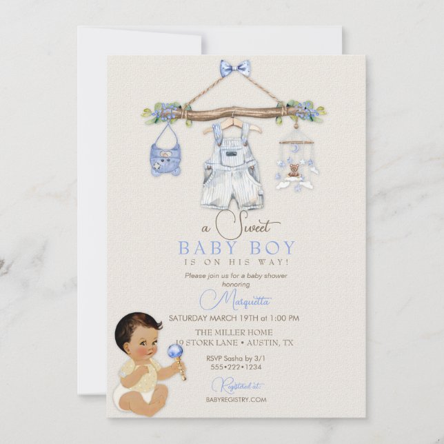 Invitation Vêtements de bébé Baby shower de garçon bleu ivoir (Devant)