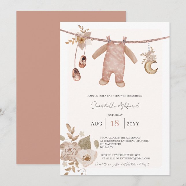 Invitation Vêtements de bébé Boho Neutral Baby shower Invitat (Devant / Derrière)