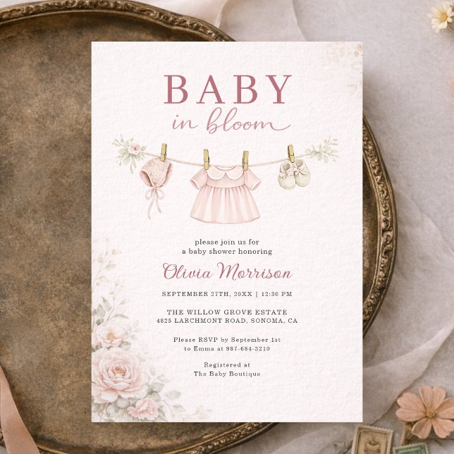 Invitation Vêtements de bébé en fleurs Corde à linge Rose Béb (Créateur téléchargé)