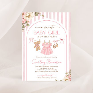 Invitation Vêtements de bébé fille Douce Linge Floral Baby Sh