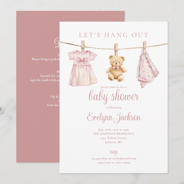 Invitation Vêtements de bébé fille rose Corde à linge Baby Sh (Devant / Derrière)