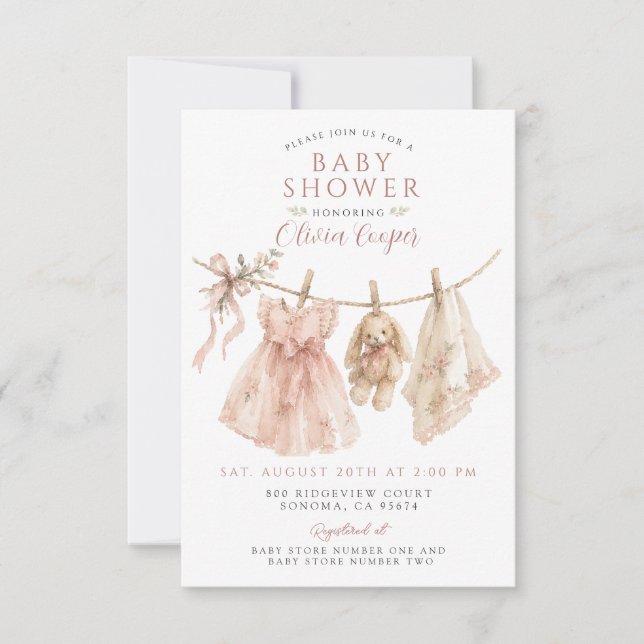 Invitation Vêtements de bébé fille sur un fil Bohème Rose Blu (Devant)