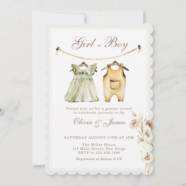 Invitation Vêtements de bébé garçon ou fille sur un fil à lin (Devant)