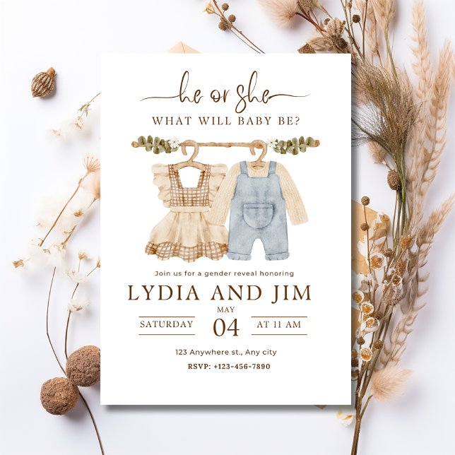 Invitation Vêtements de bébé Genre Reveal Invitation, Boho Ba (Créateur téléchargé)