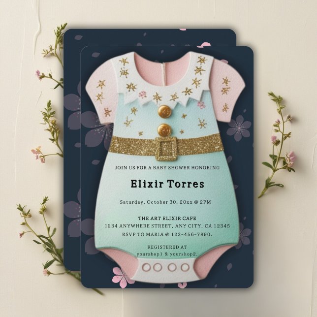 Invitation Vêtements de bébé pailletés or Vêtements bébé Fleu (Créateur téléchargé)