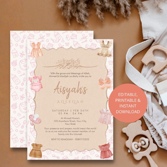 Invitation Vêtements de bébé rose blush doux Fille Aqeeqah (Créateur téléchargé)