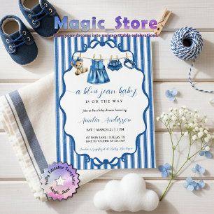Invitation Vêtements de bébé sur une corde à linge en bleu Je