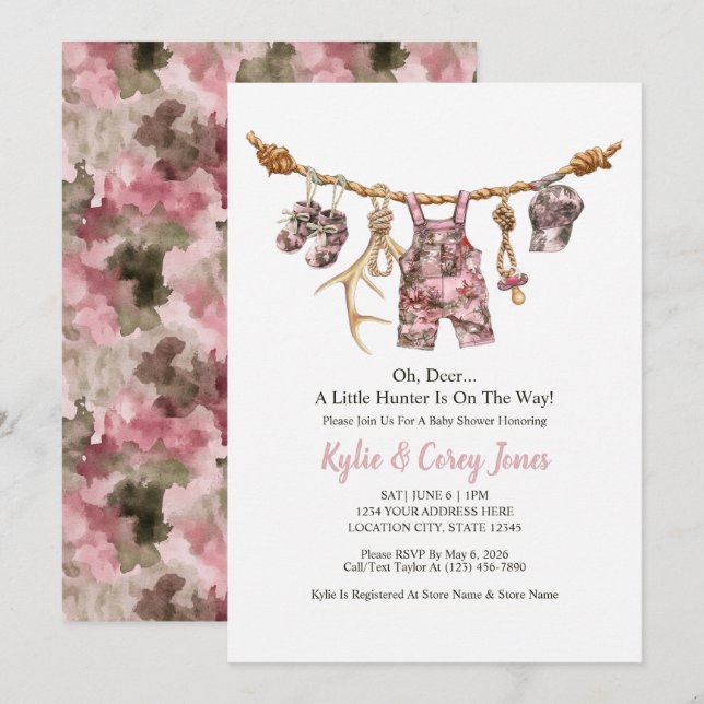 Invitation Vêtements de chasse Corde à linge Rose Camouflage  (Devant / Derrière)