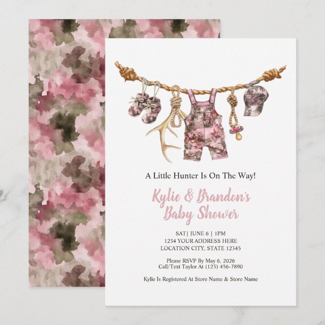 Invitation Vêtements de chasse Linge rose camouflage Fille Ba (Devant / Derrière)